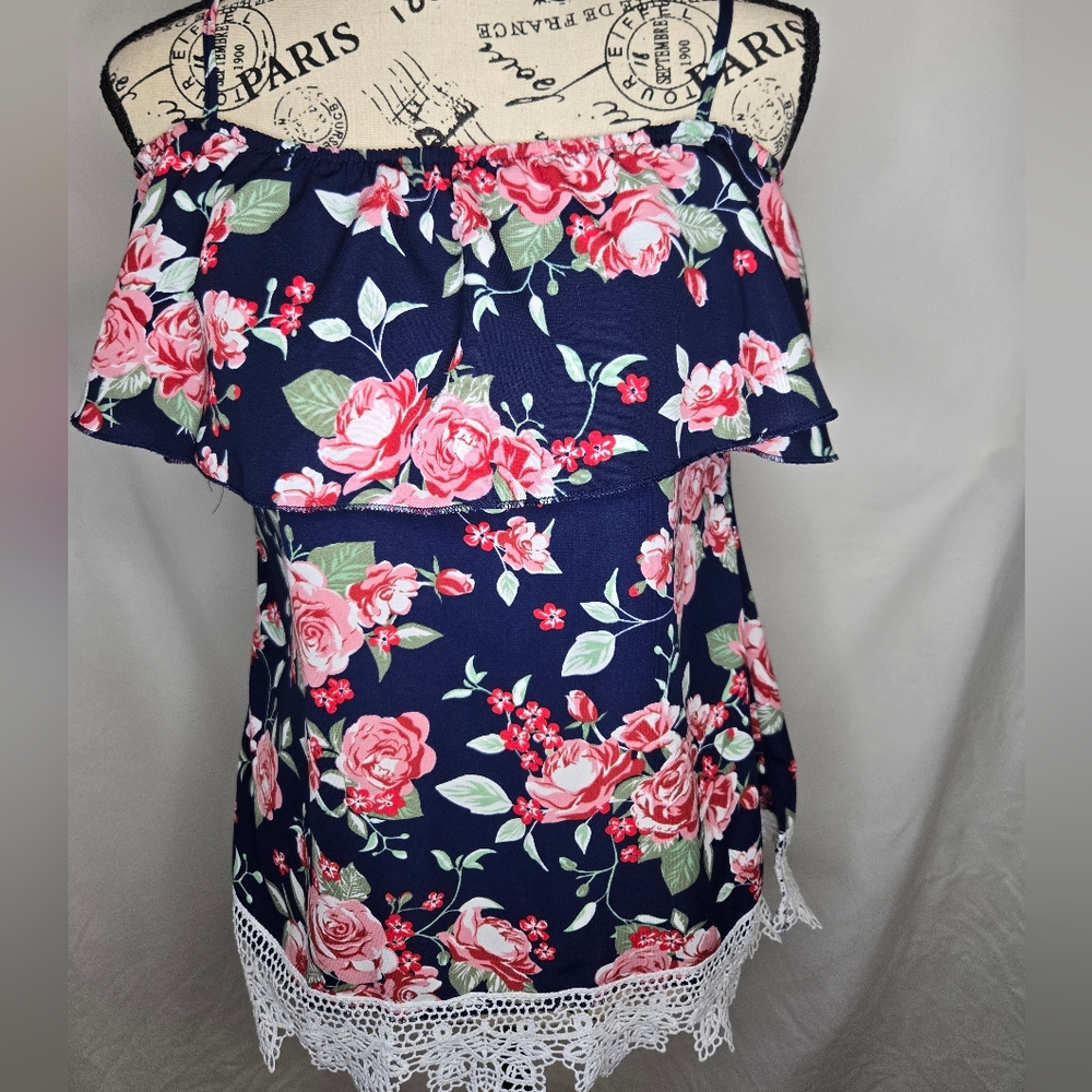 No Boundaries Navy Floral Off-Shoulder Ruffle Top with Pink Roses